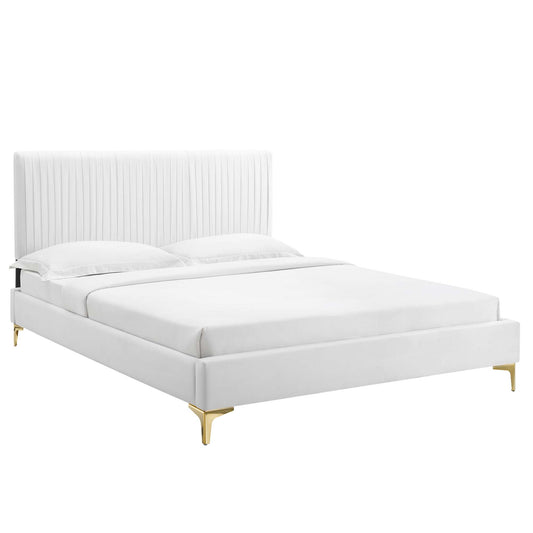 Harper Velvet Full Platform Bed, White & Gold