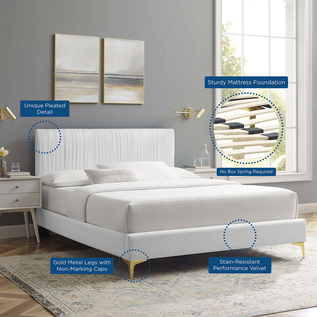 Harper Velvet Full Platform Bed, White & Gold