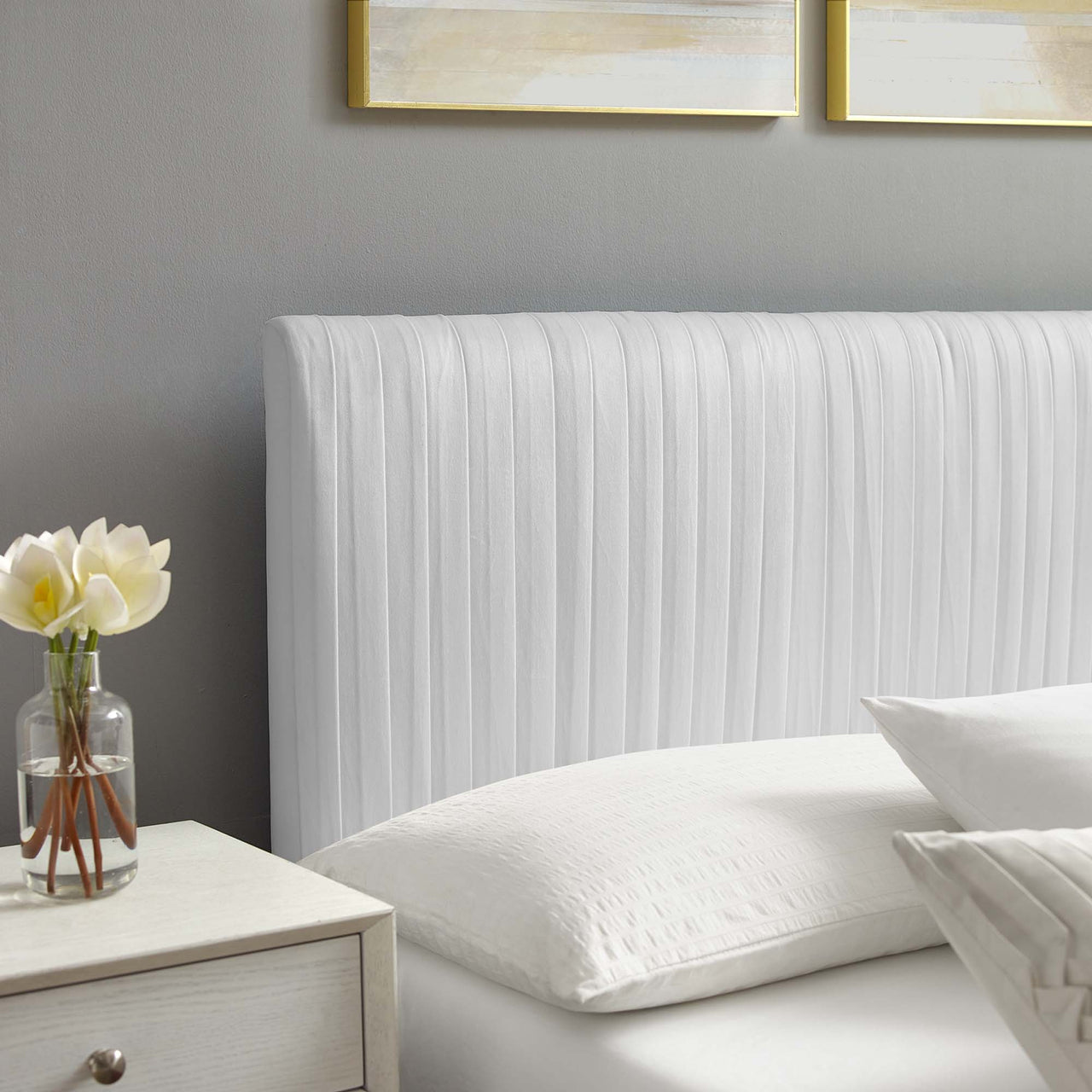 Harper Velvet Full Platform Bed, White & Gold