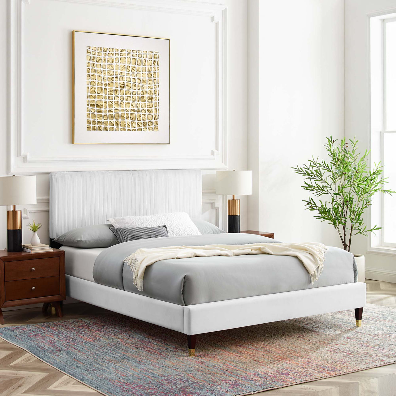 Harper Velvet Full Platform Bed, White