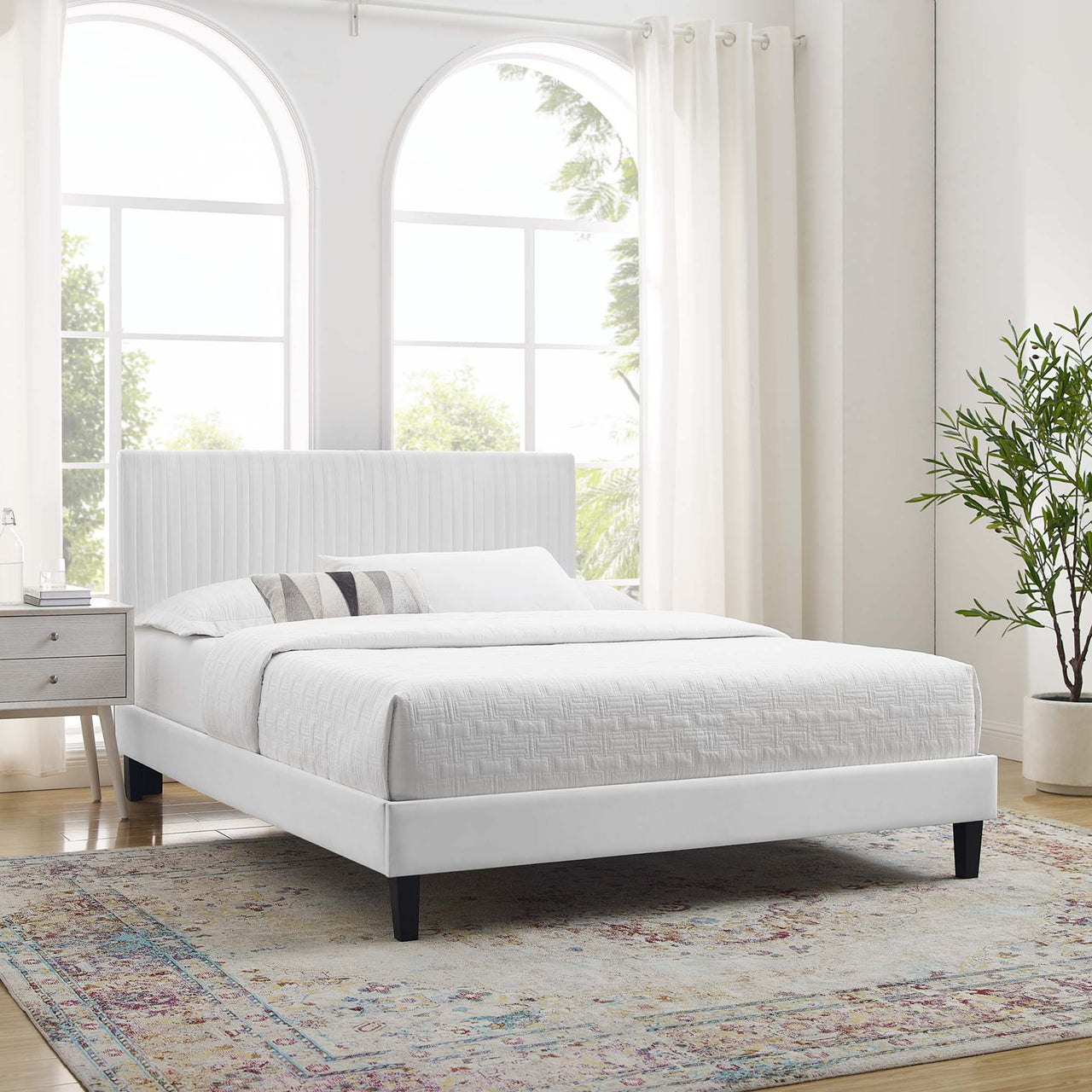 Harper Velvet Full Platform Bed, White & Black