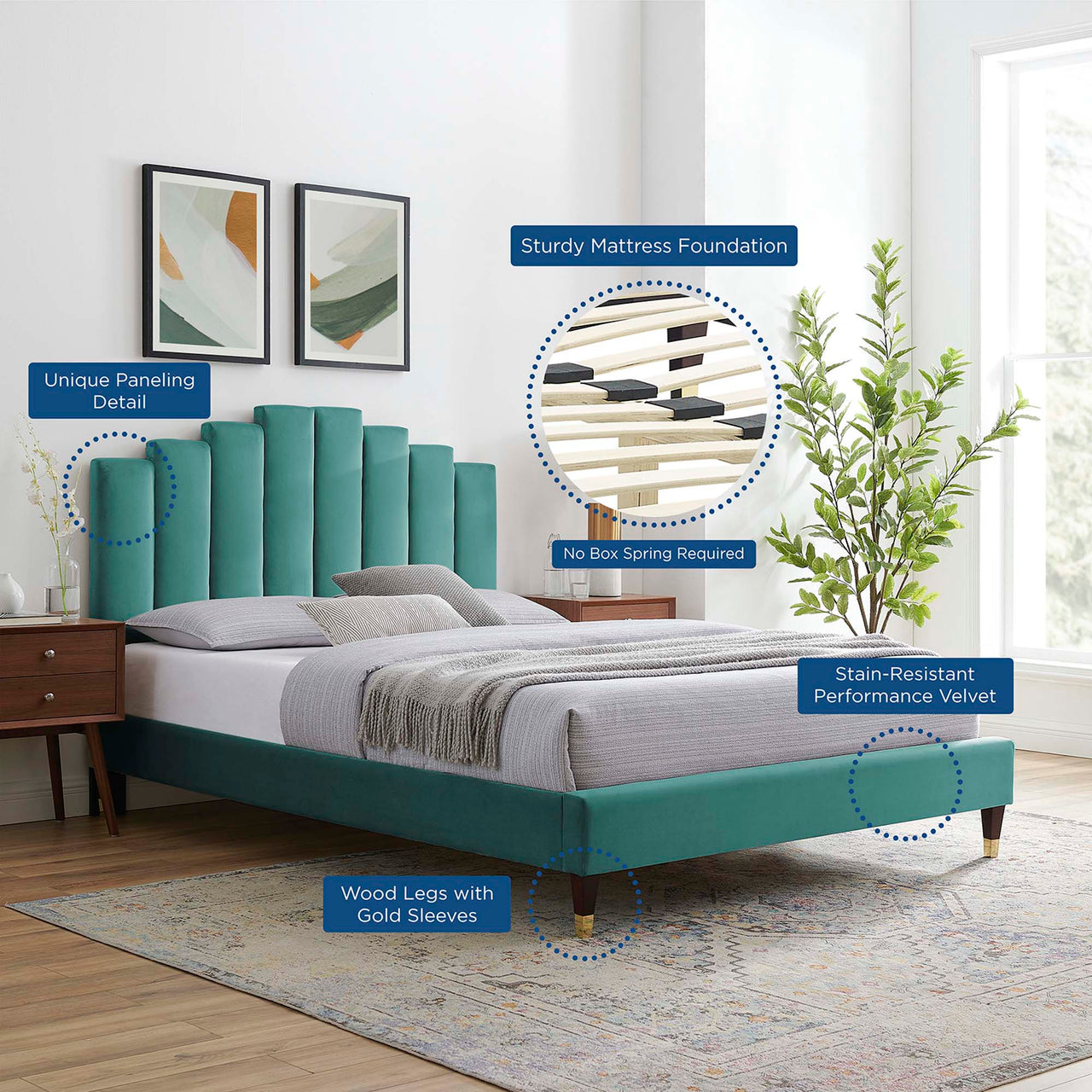 Emerelle Velvet Full Platform Bed, Teal