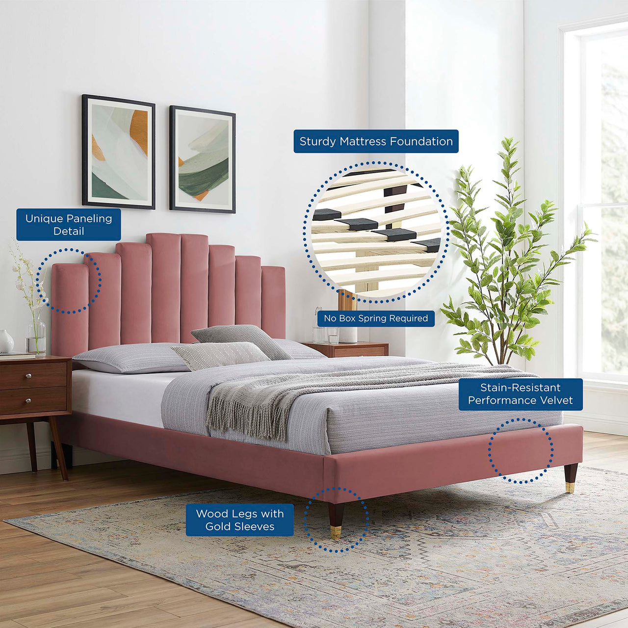 Emerelle Velvet King Platform Bed, Dusty Rose