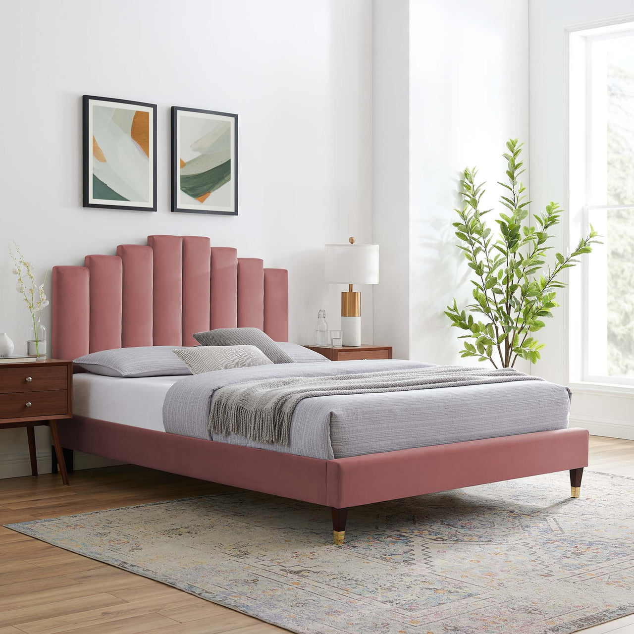 Emerelle Velvet King Platform Bed, Dusty Rose