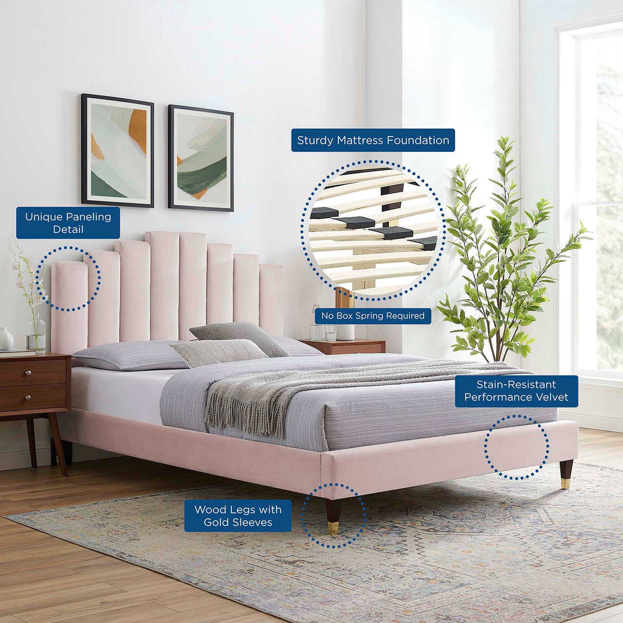 Emerelle Velvet King Platform Bed, Pink