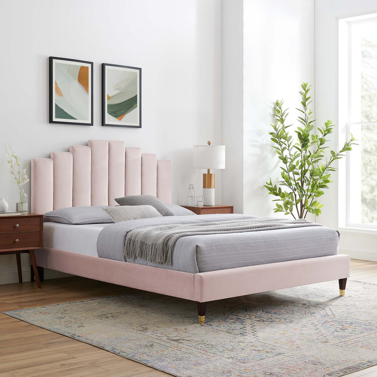 Emerelle Velvet King Platform Bed, Pink