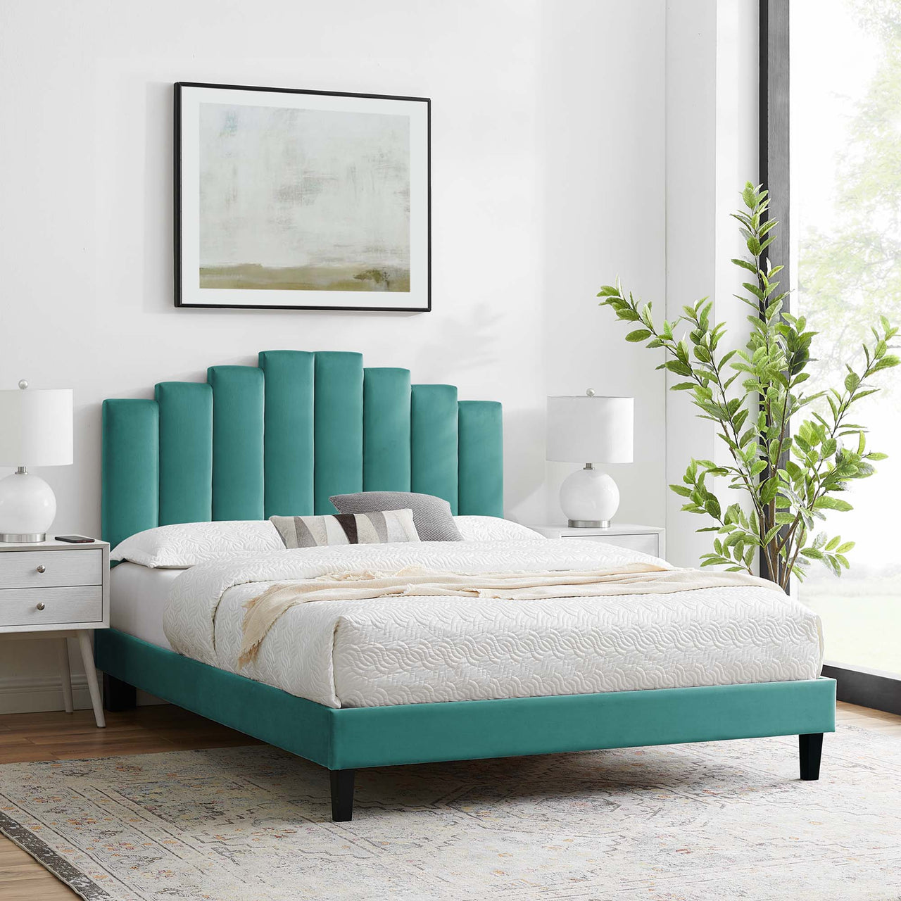 Emerelle Velvet Twin Platform Bed, Teal