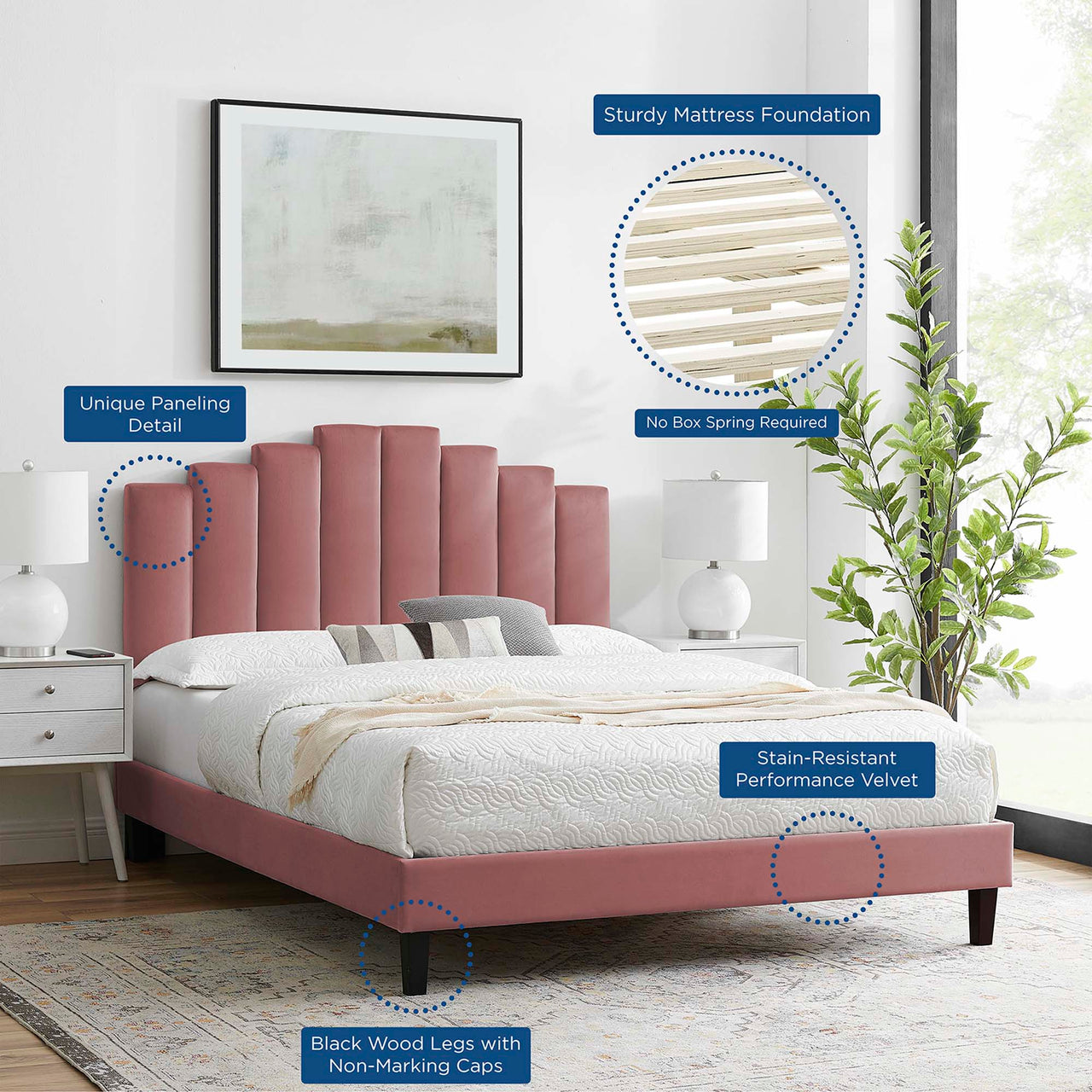 Emerelle Velvet King Platform Bed, Dusty Rose