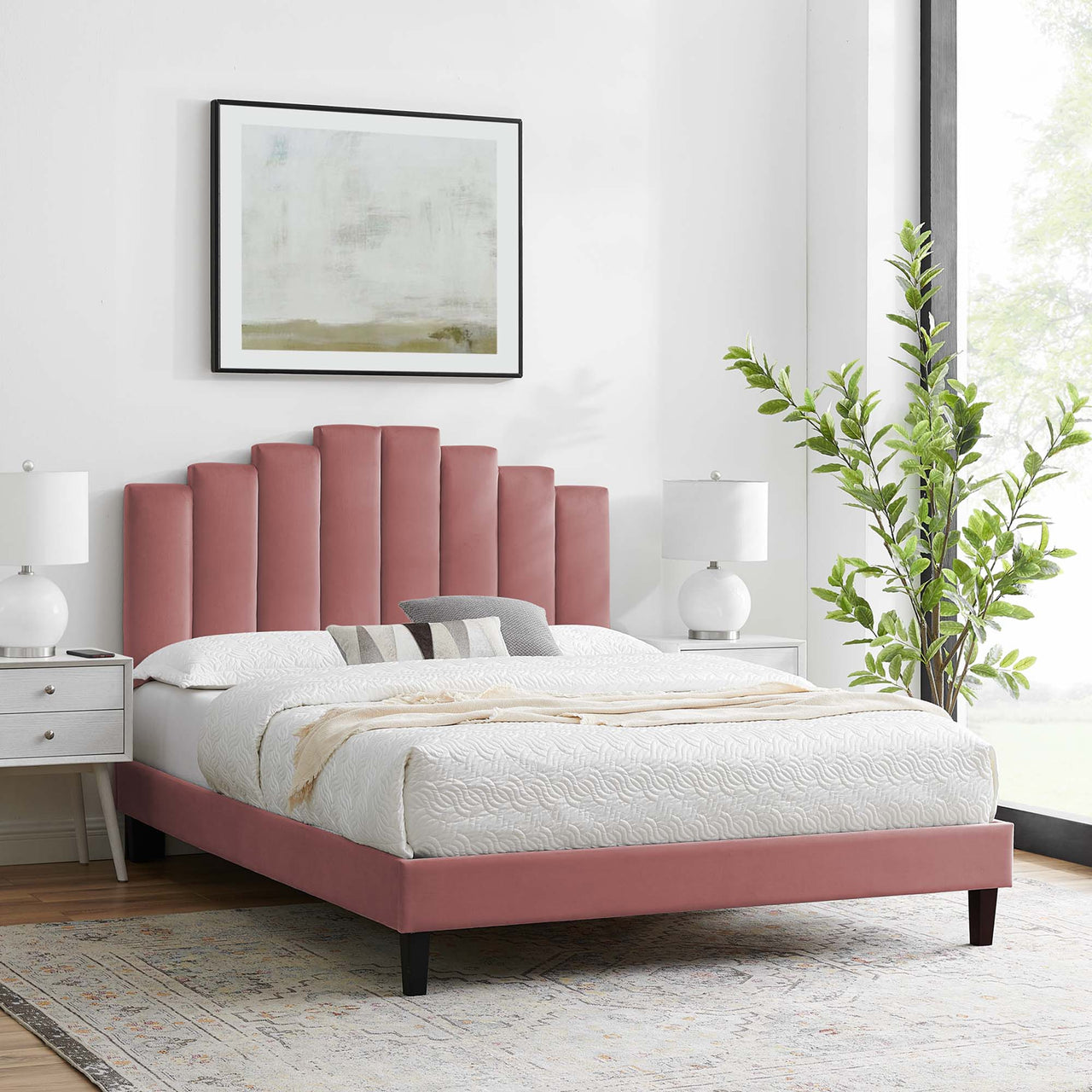 Emerelle Velvet King Platform Bed, Dusty Rose