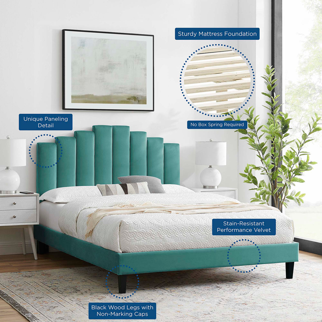 Emerelle Velvet King Platform Bed, Teal