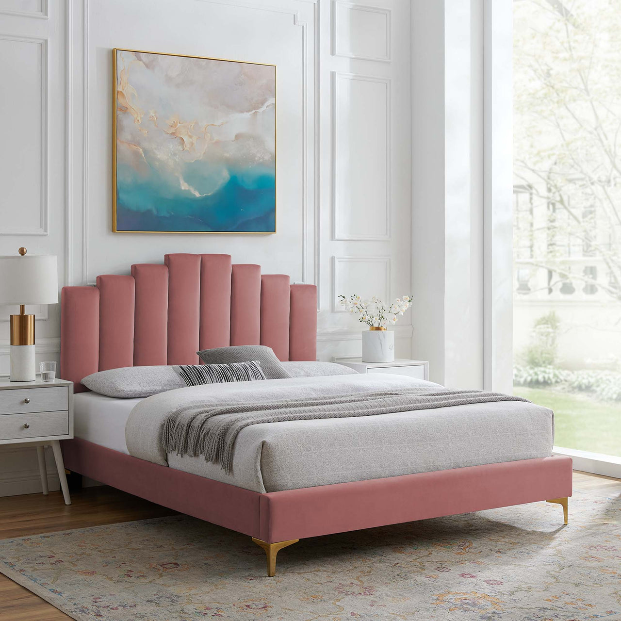 Emerelle Velvet King Platform Bed, Dusty Rose