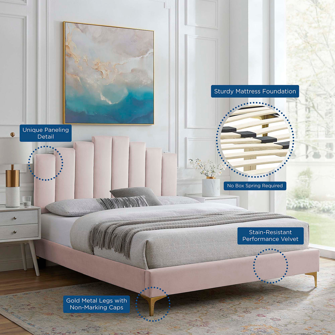 Emerelle Velvet King Platform Bed, Pink