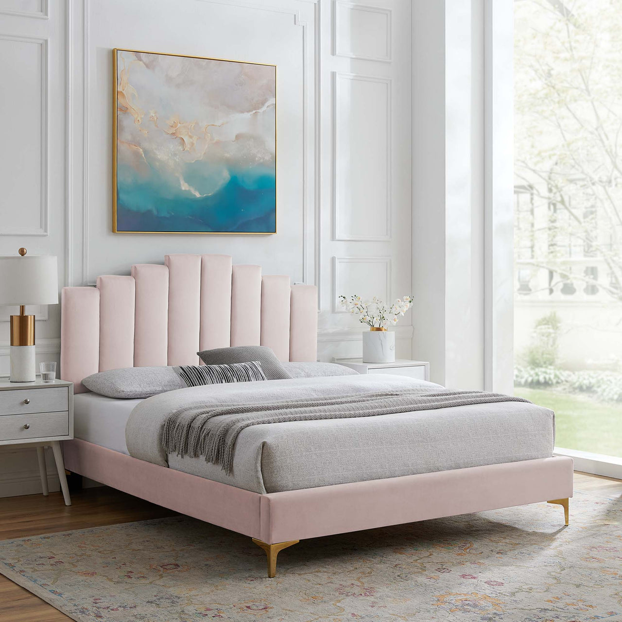Emerelle Velvet King Platform Bed, Pink