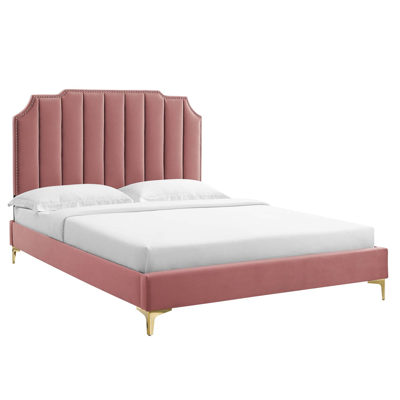 Chalette Velvet King Platform Bed, Dusty Rose & Gold