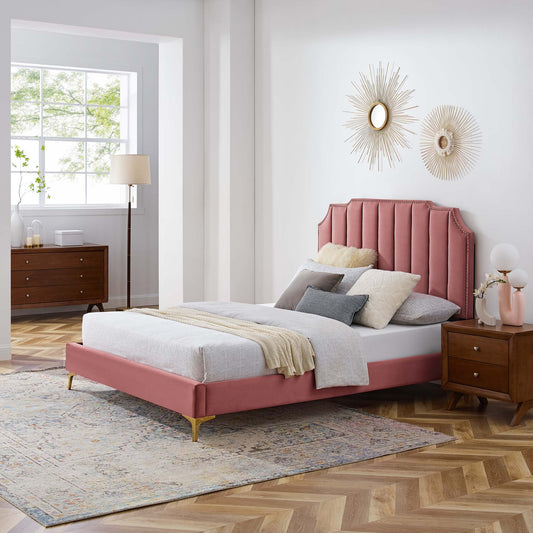 Chalette Velvet King Platform Bed, Dusty Rose & Gold