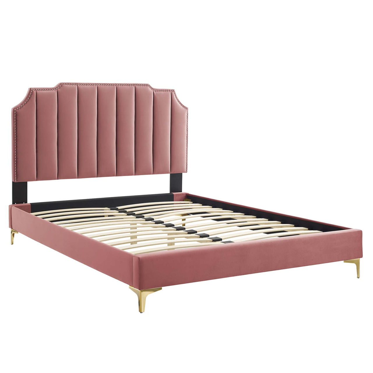 Chalette Velvet King Platform Bed, Dusty Rose & Gold