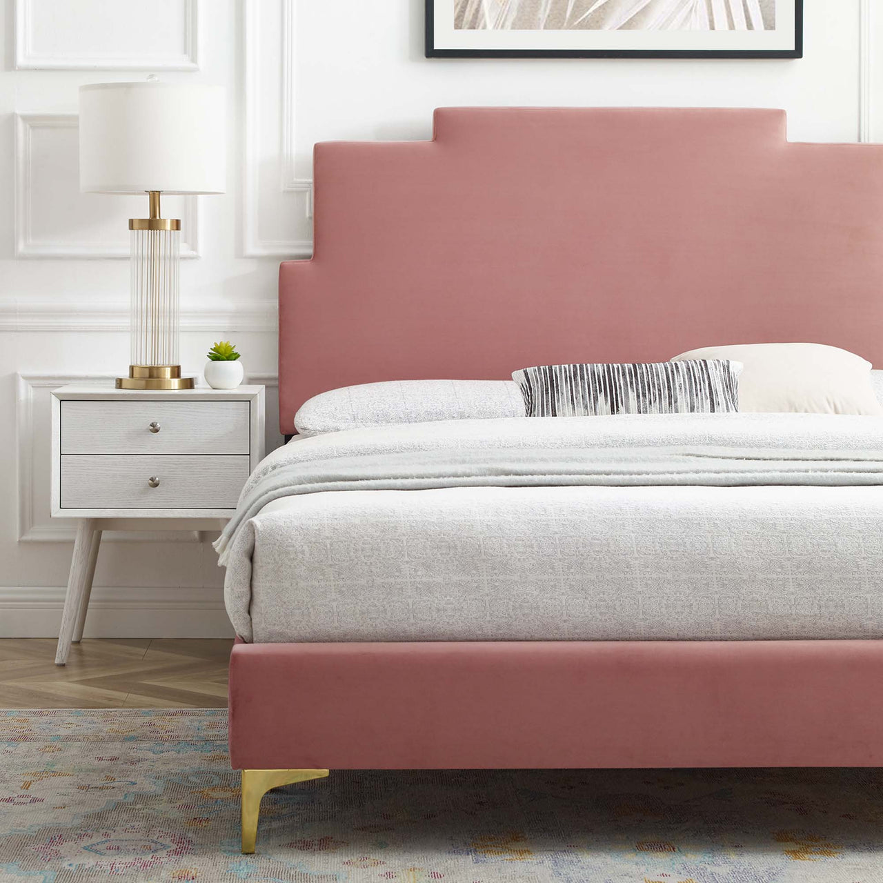 Regora Upholstered Velvet Twin Platform Bed, Dusty Rose