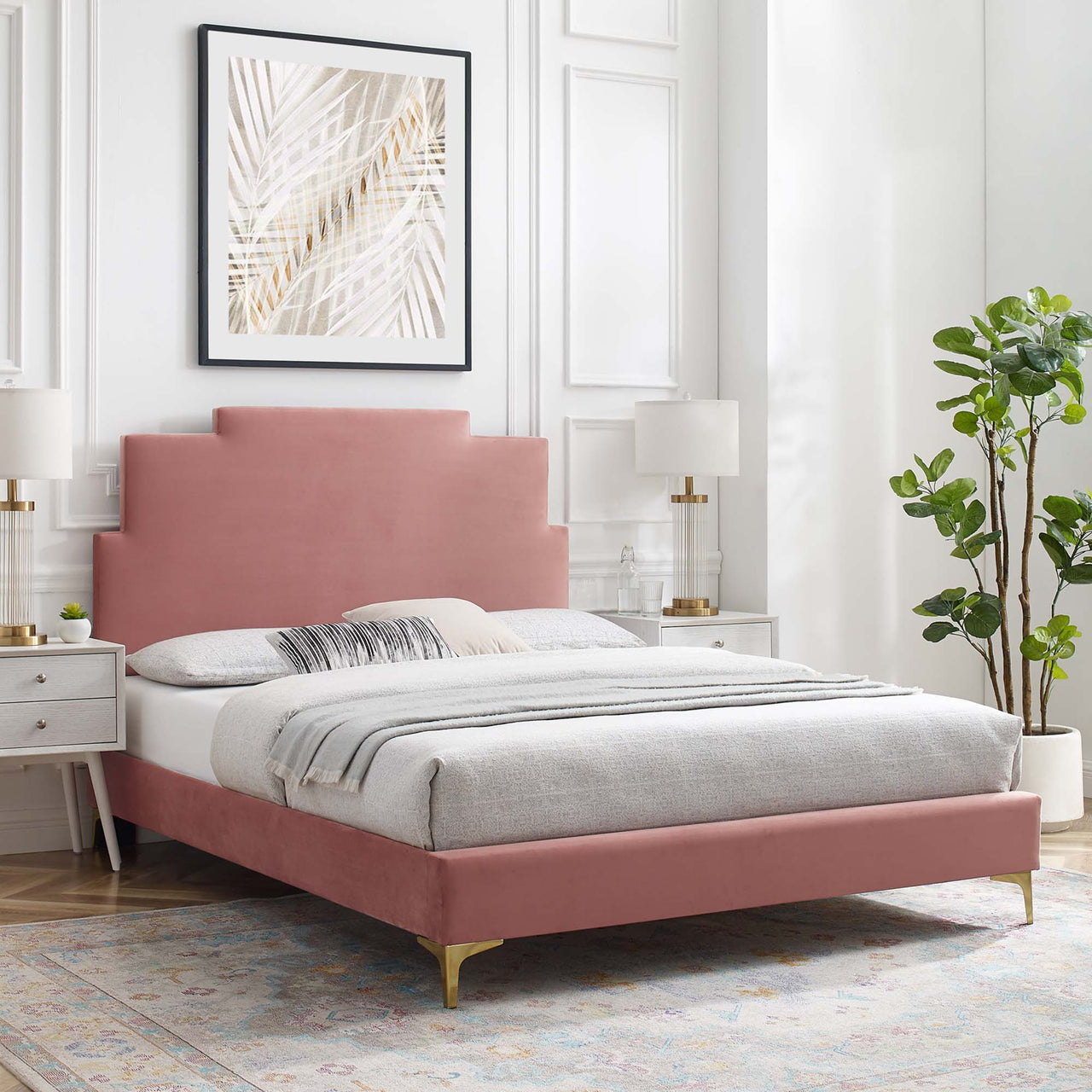 Regora Upholstered Velvet Twin Platform Bed, Dusty Rose