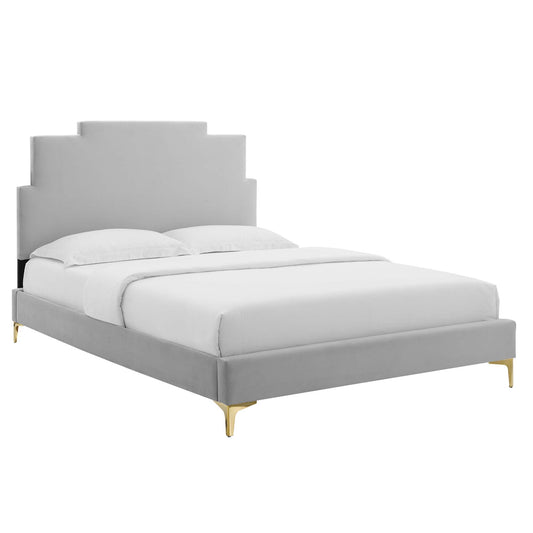 Regora Upholstered Velvet Twin Platform Bed, Light Gray
