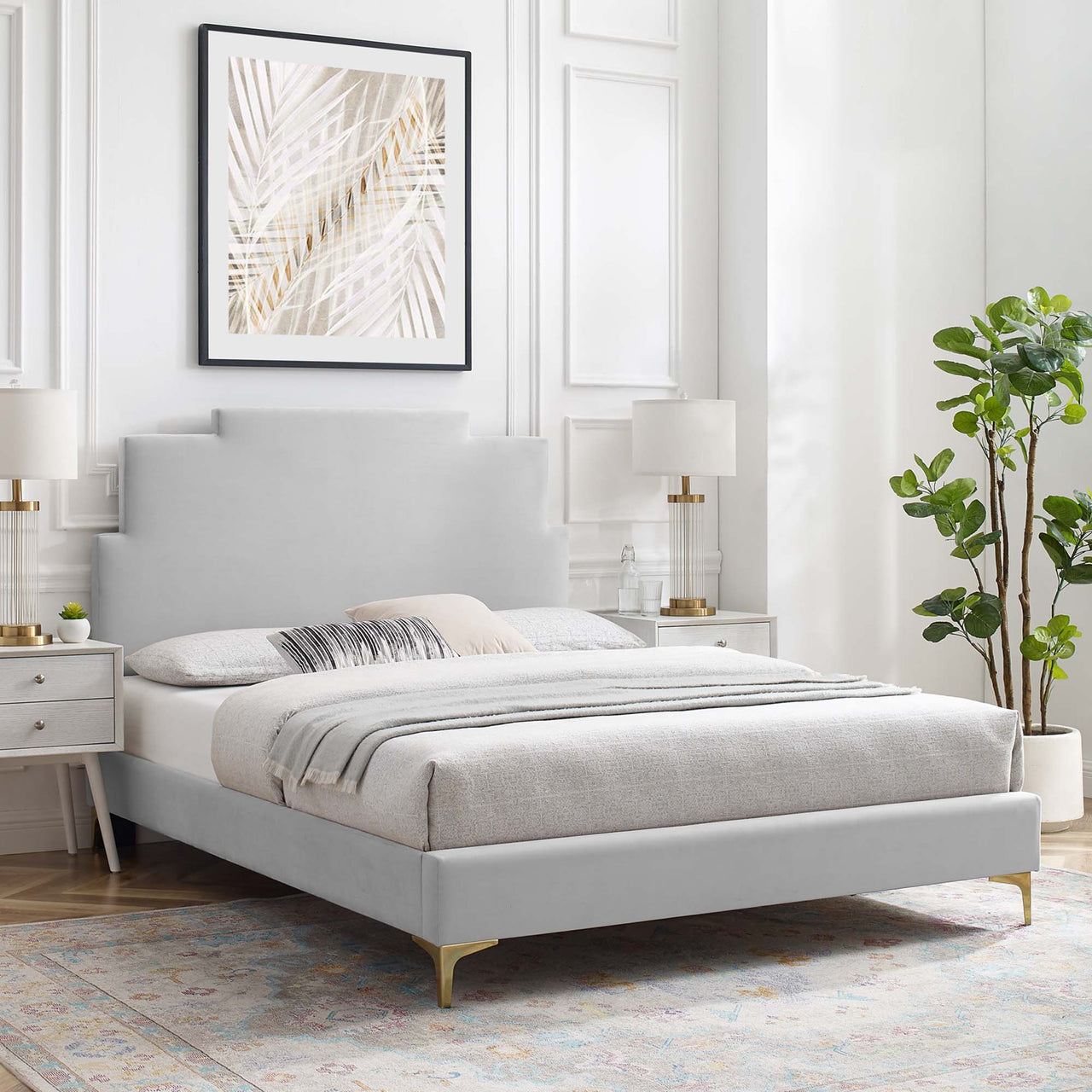 Regora Upholstered Velvet Twin Platform Bed, Light Gray
