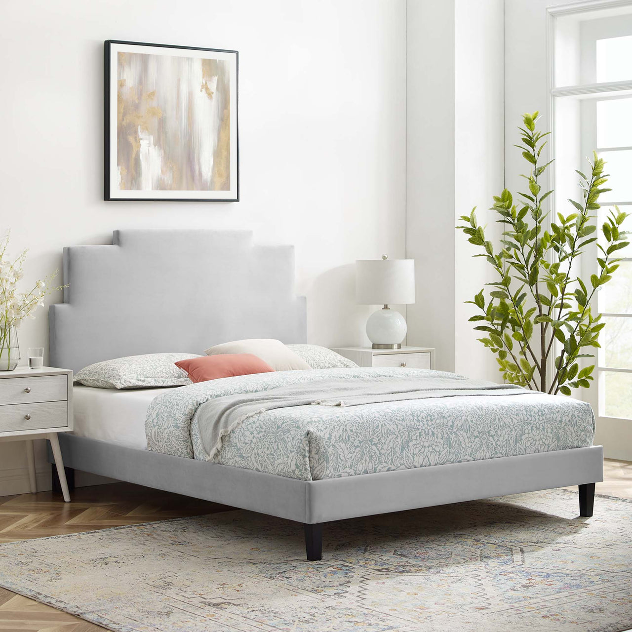 Regora Upholstered Velvet Twin Platform Bed, Light Gray