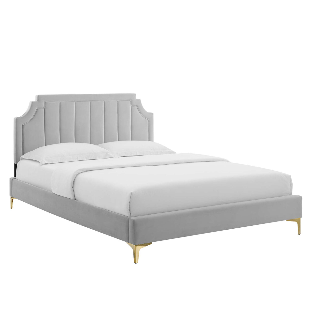 Archway Upholstered Velvet Twin Platform Bed, Light Gray