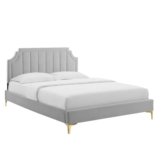 Archway Upholstered Velvet Twin Platform Bed, Light Gray