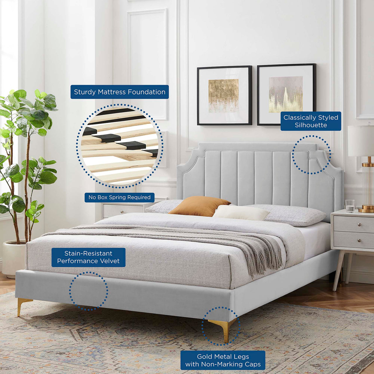 Archway Upholstered Velvet Twin Platform Bed, Light Gray