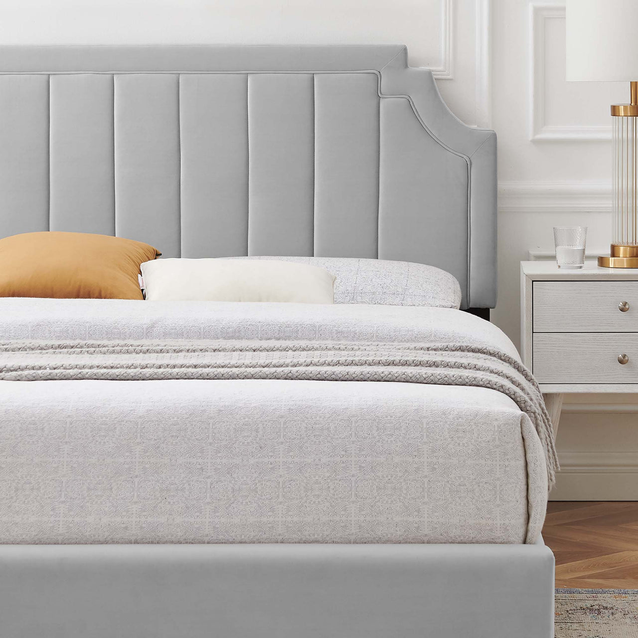 Archway Upholstered Velvet Twin Platform Bed, Light Gray