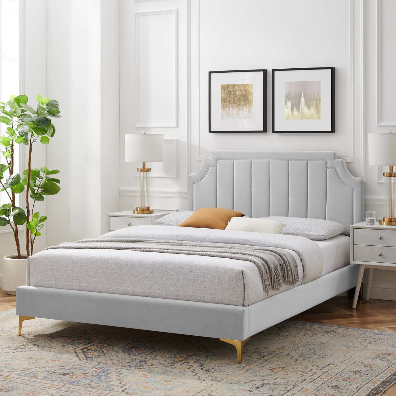 Archway Upholstered Velvet Twin Platform Bed, Light Gray