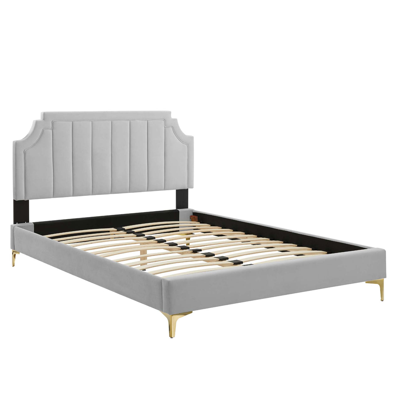 Archway Upholstered Velvet Twin Platform Bed, Light Gray