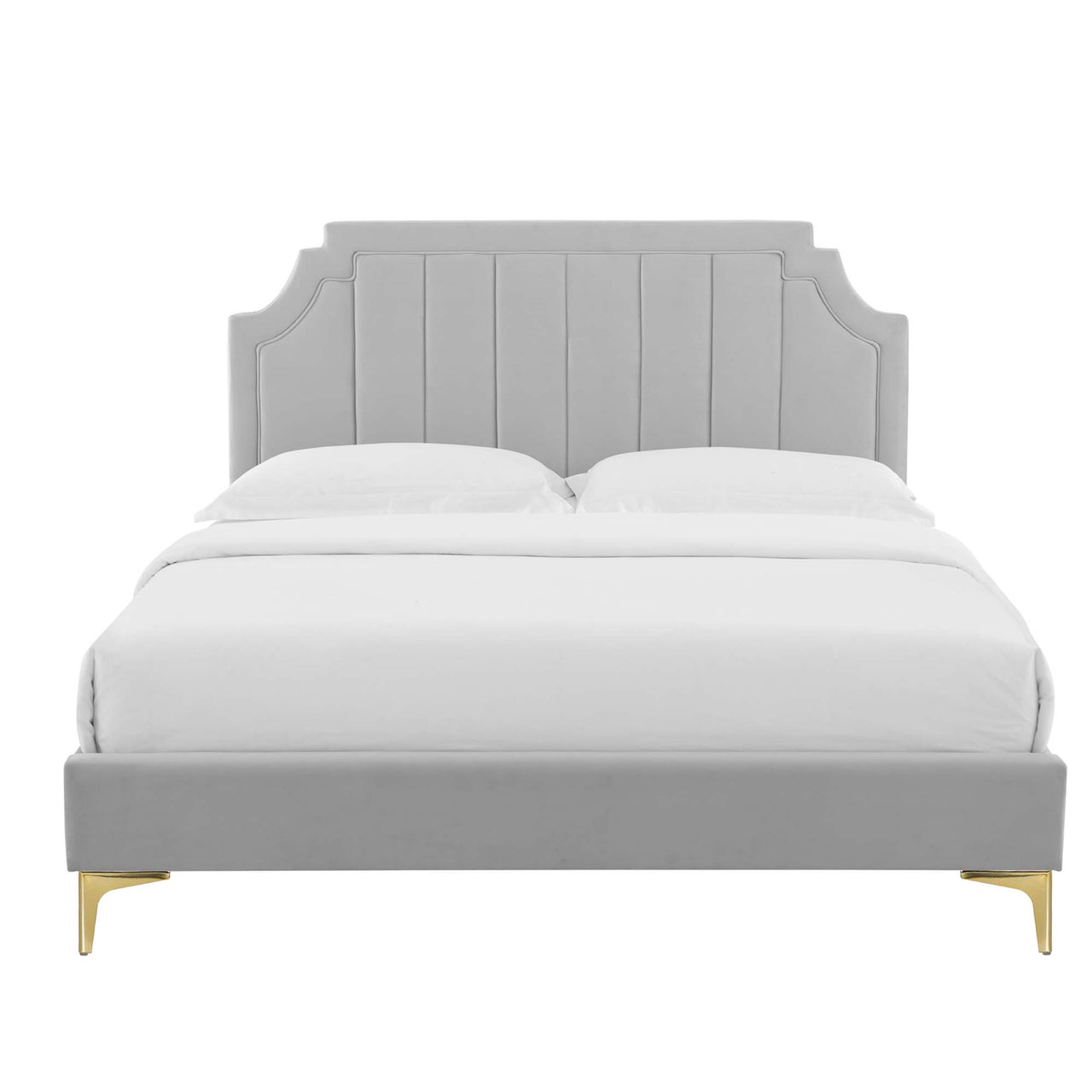 Archway Upholstered Velvet Twin Platform Bed, Light Gray