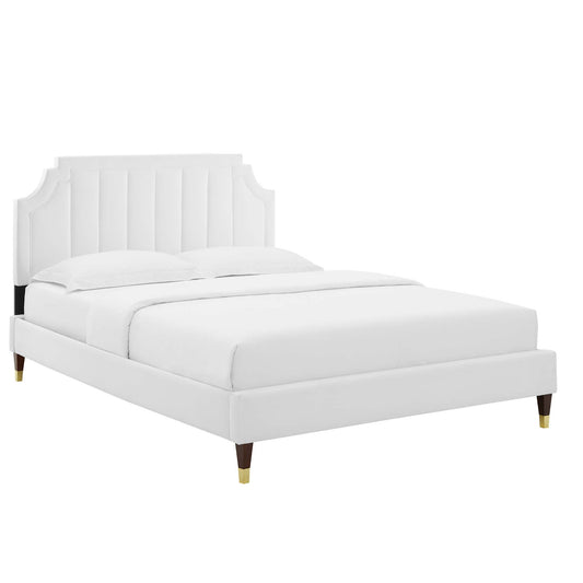 Archway Upholstered Velvet Full Platform Bed, White