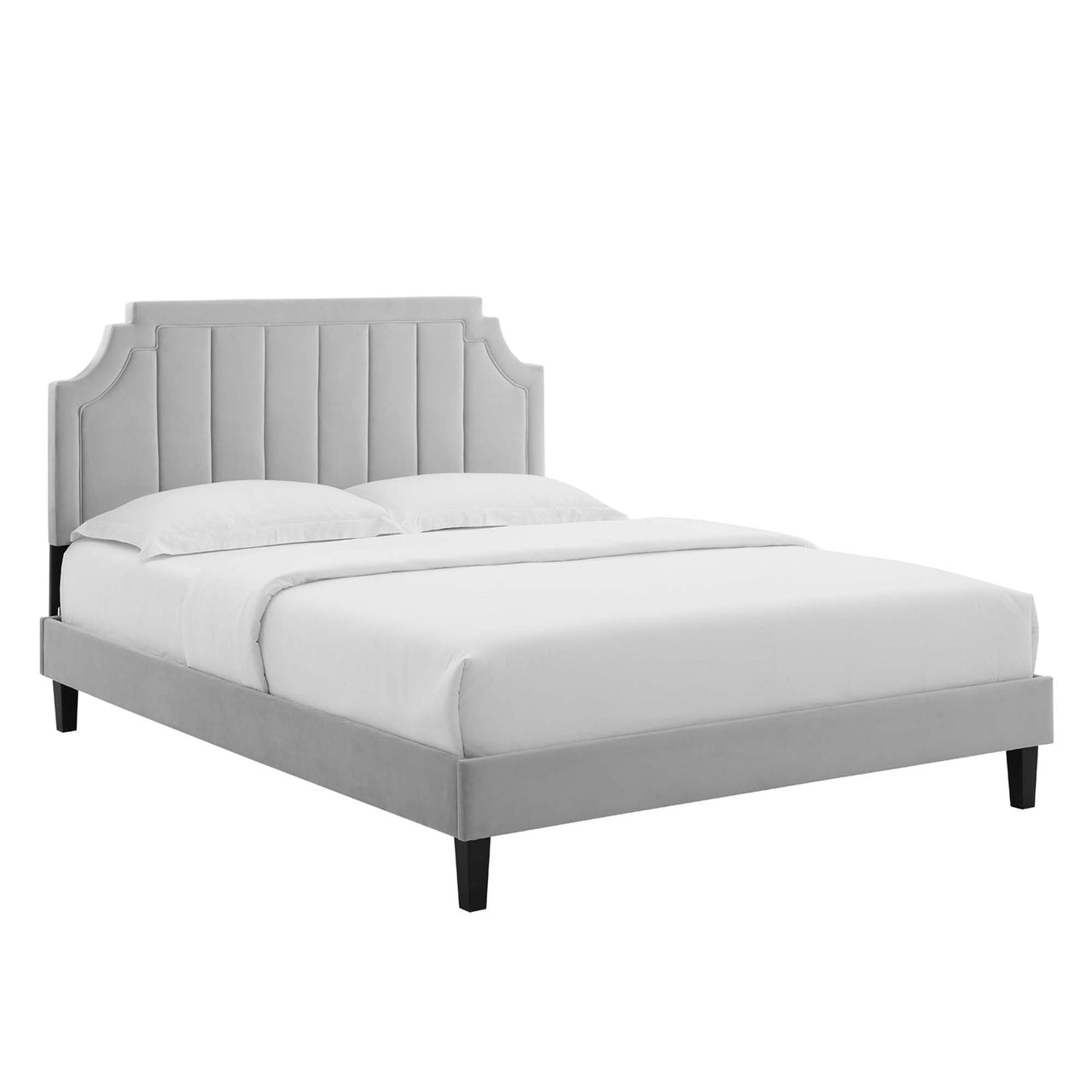 Archway Upholstered Velvet Full Platform Bed, Light Gray