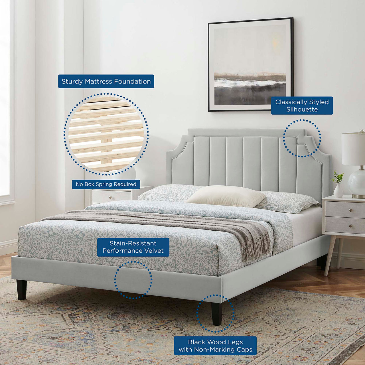 Archway Upholstered Velvet Full Platform Bed, Light Gray