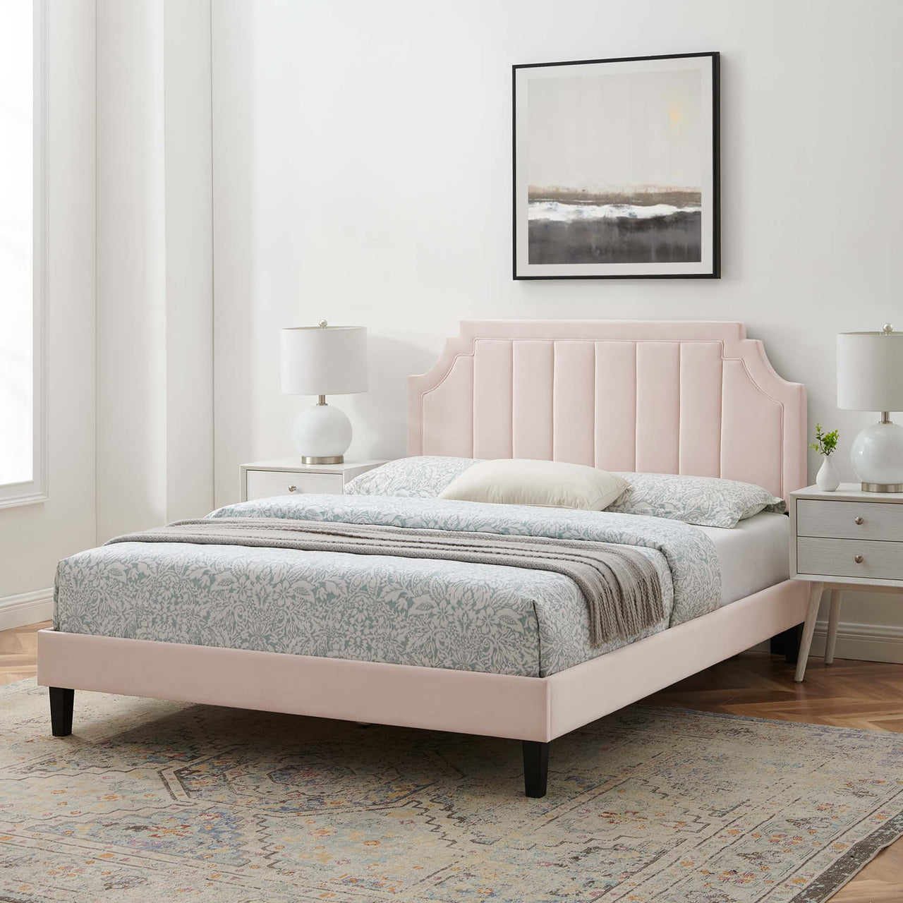 Archway Upholstered Velvet Full Platform Bed, Pink