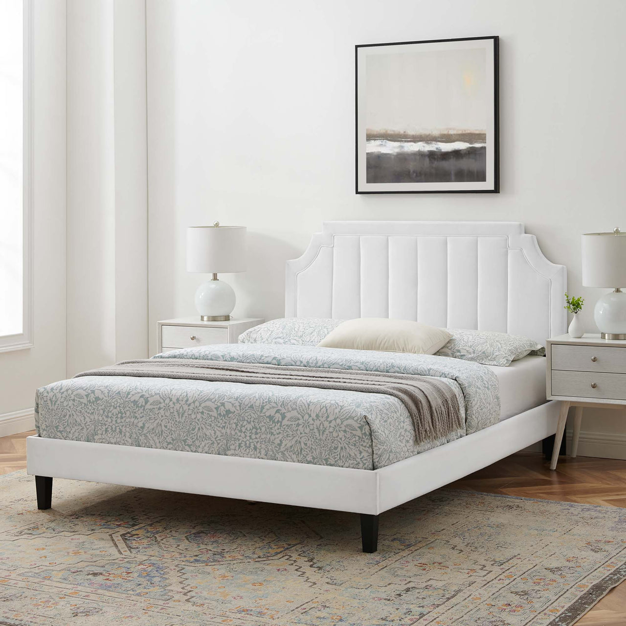 Archway Upholstered Velvet Full Platform Bed, White
