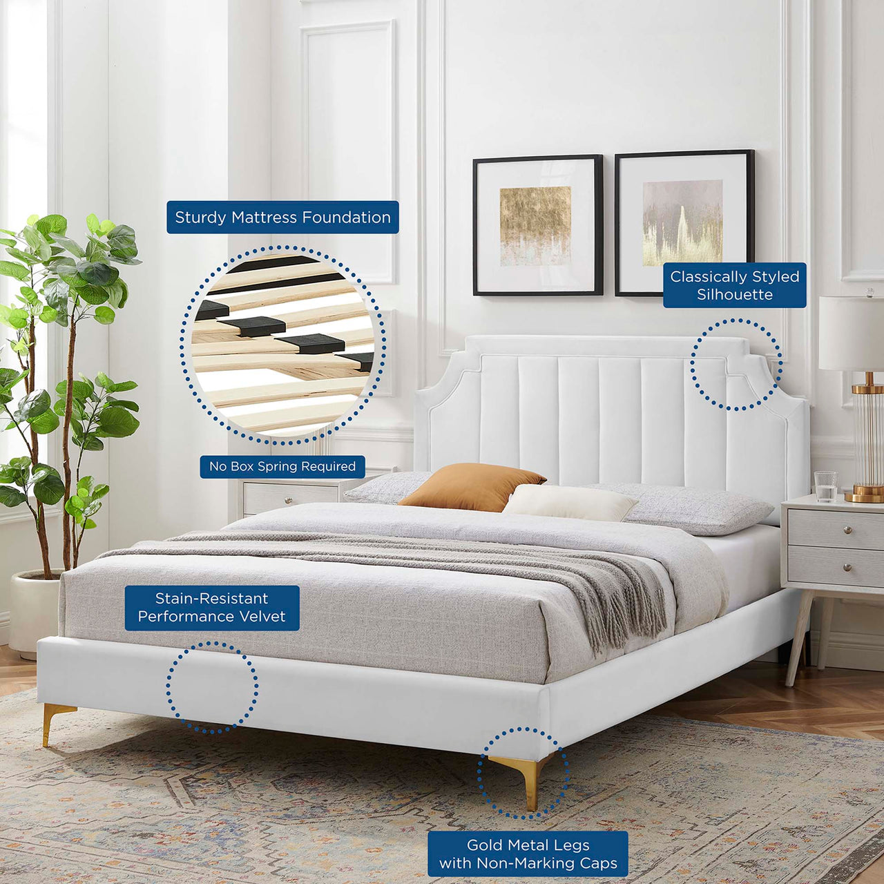 Archway Upholstered Velvet King Platform Bed, White