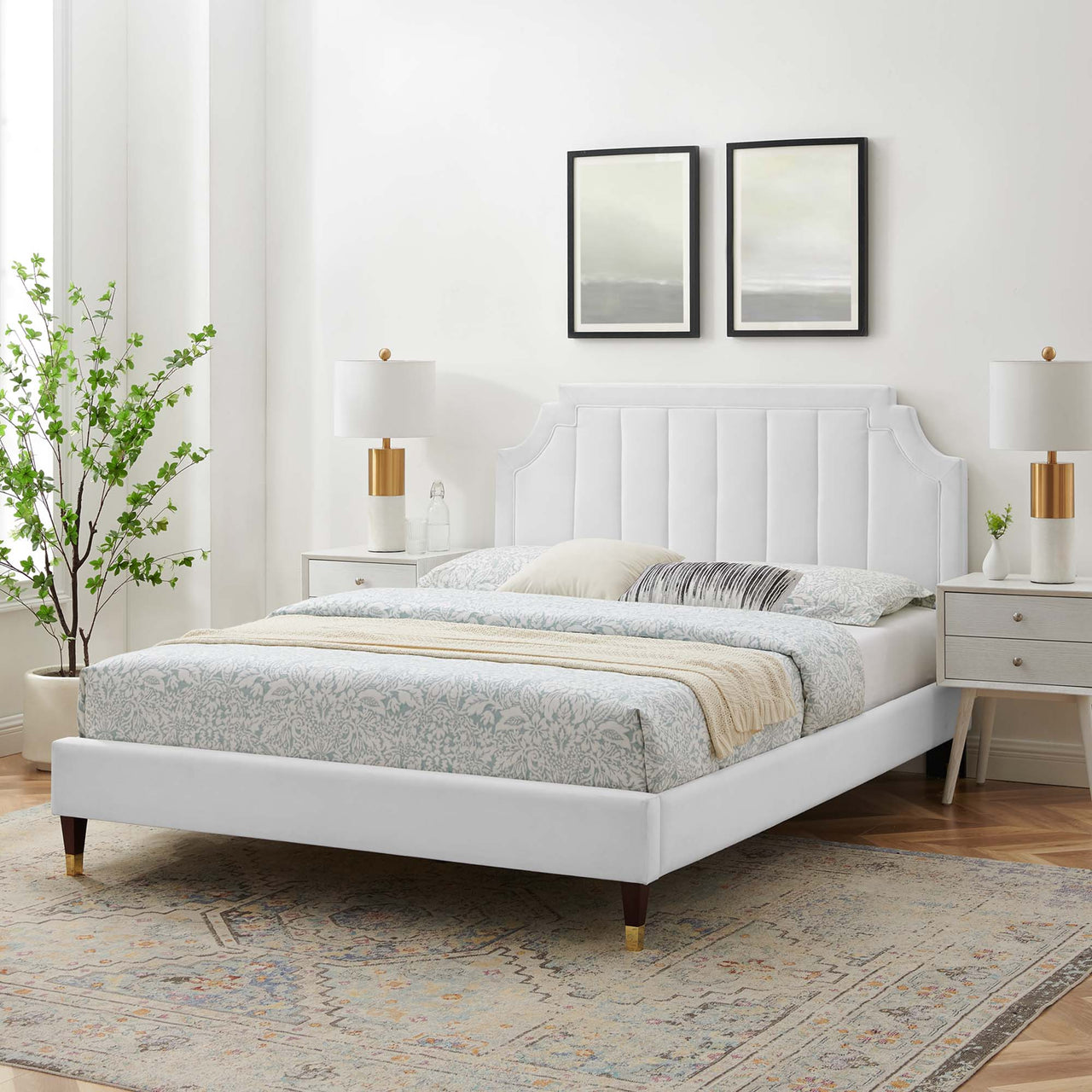 Archway Upholstered Velvet King Platform Bed, White