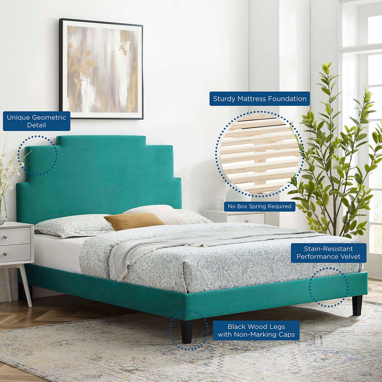 Regora Upholstered Velvet Full Platform Bed, Teal