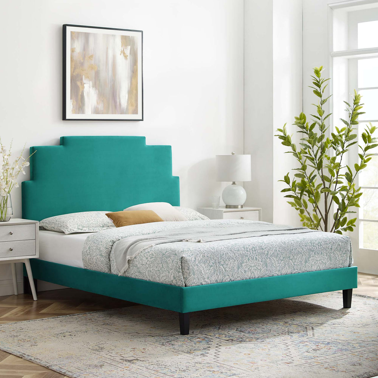 Regora Upholstered Velvet Full Platform Bed, Teal