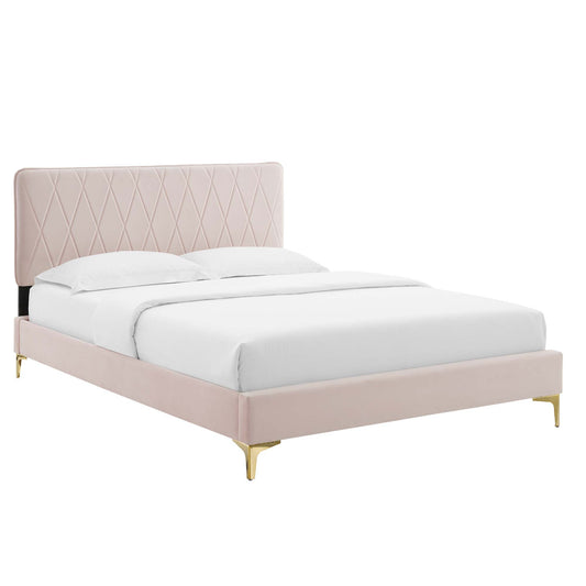 Diamond Upholstered Velvet King Platform Bed, Pink & Gold