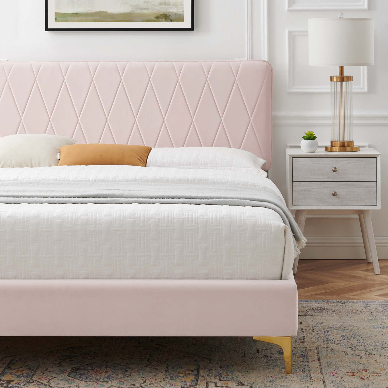 Diamond Upholstered Velvet King Platform Bed, Pink & Gold