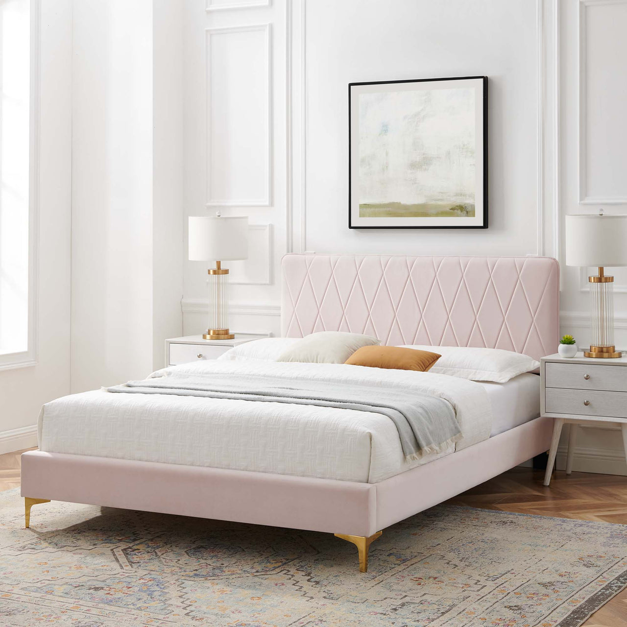 Diamond Upholstered Velvet King Platform Bed, Pink & Gold