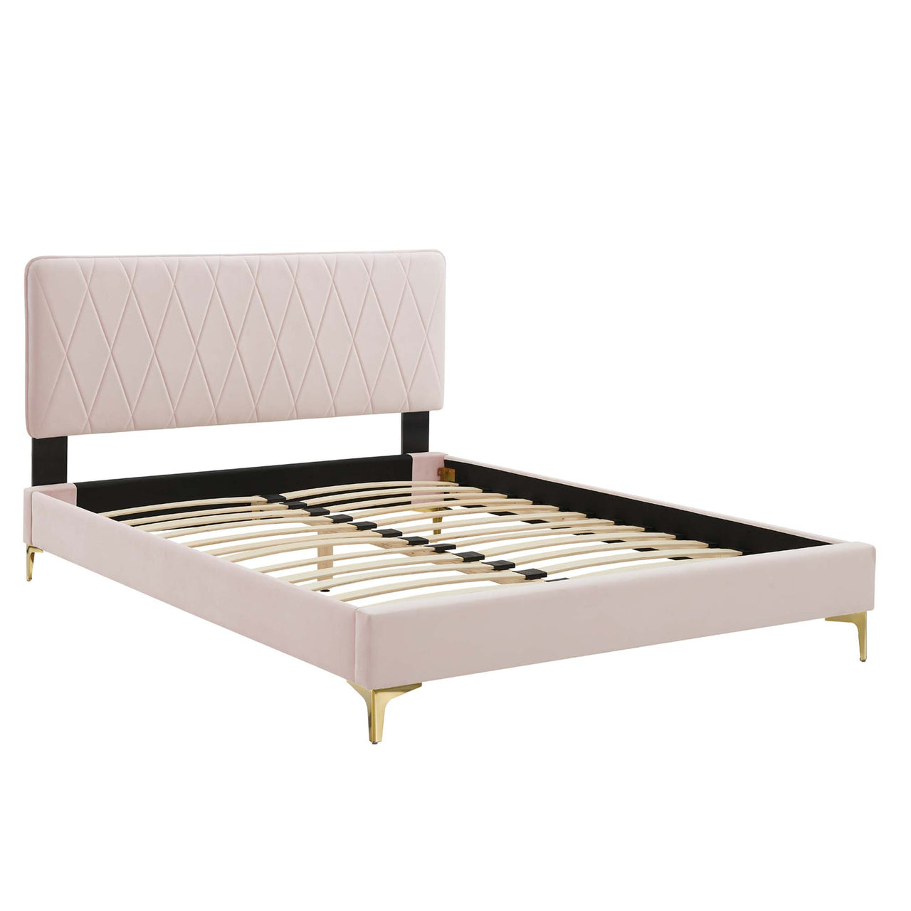 Diamond Upholstered Velvet King Platform Bed, Pink & Gold
