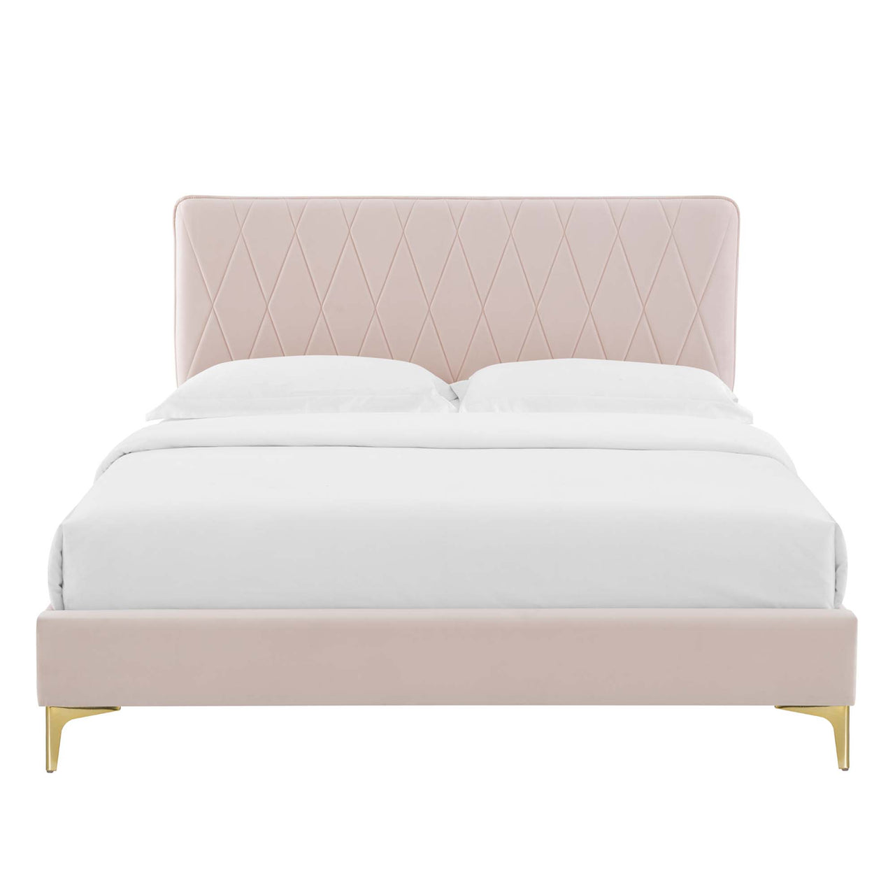 Diamond Upholstered Velvet King Platform Bed, Pink & Gold