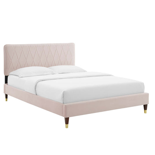 Diamond Upholstered Velvet King Platform Bed, Pink