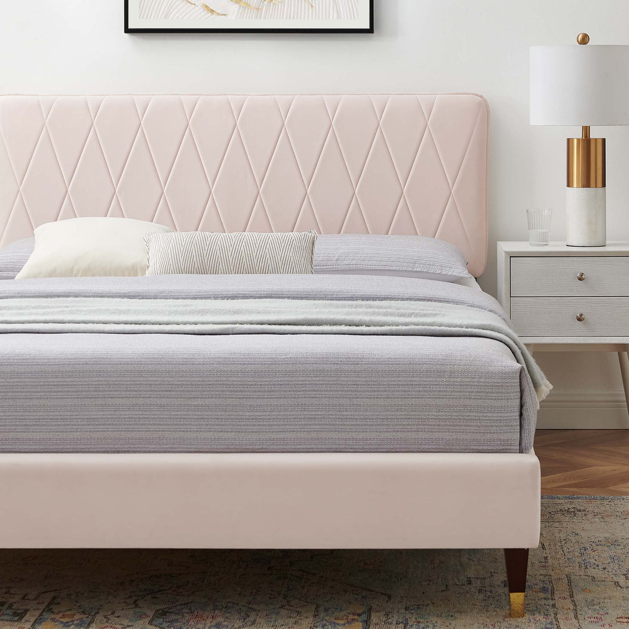 Diamond Upholstered Velvet King Platform Bed, Pink