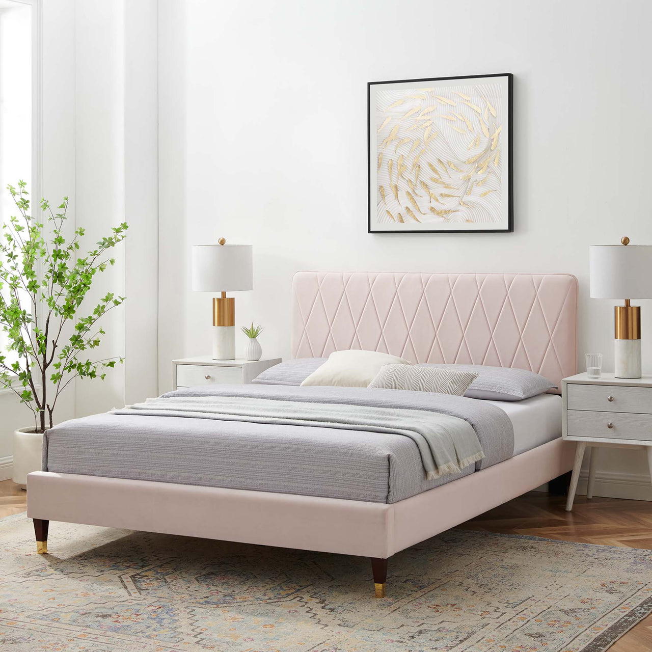 Diamond Upholstered Velvet King Platform Bed, Pink