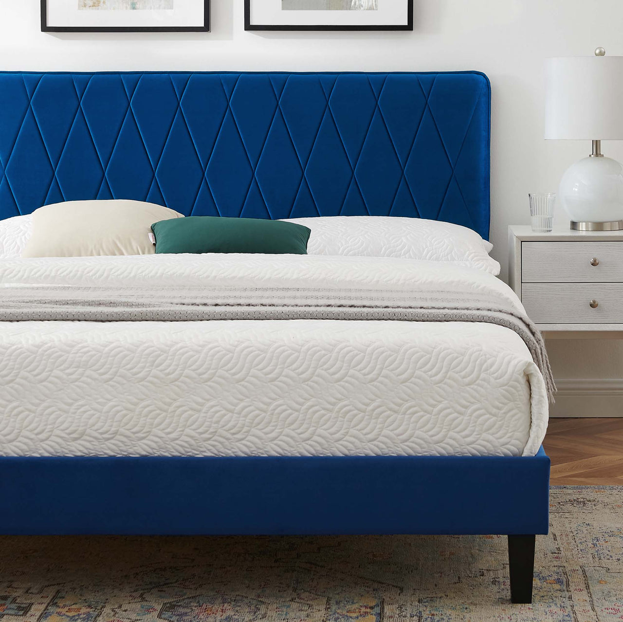 Diamond Upholstered Velvet King Platform Bed, Navy & Black